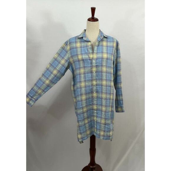 FRANK & EILEEN Sz S Small Blue Yellow Purple Plaid Linen Hunter Shirt Dress - Picture 7 of 9